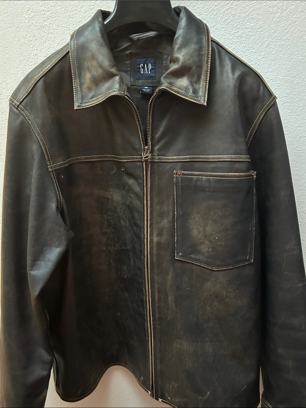 Men’s Vintage GAP Brown Distressed Leather Zip-Front Bomber Jacket EUC sz XXL